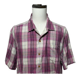 Tommy Bahama Shirt Mens XL 100% Silk Pink Ivory Plaid Short Sleeve Beachy